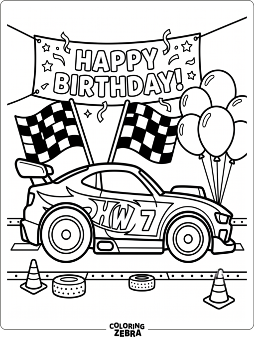 A race car with balloons and checkered flags