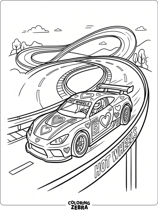 A race car with heart decals on a track