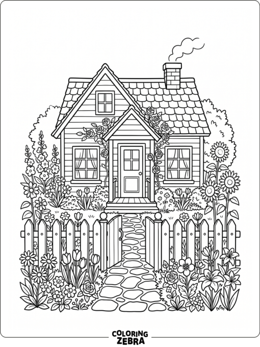 A cozy house sits among blooming flowers beside a simple fence