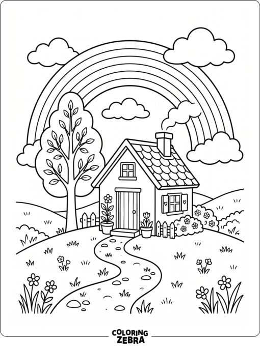 A small house beneath a rainbow and clouds