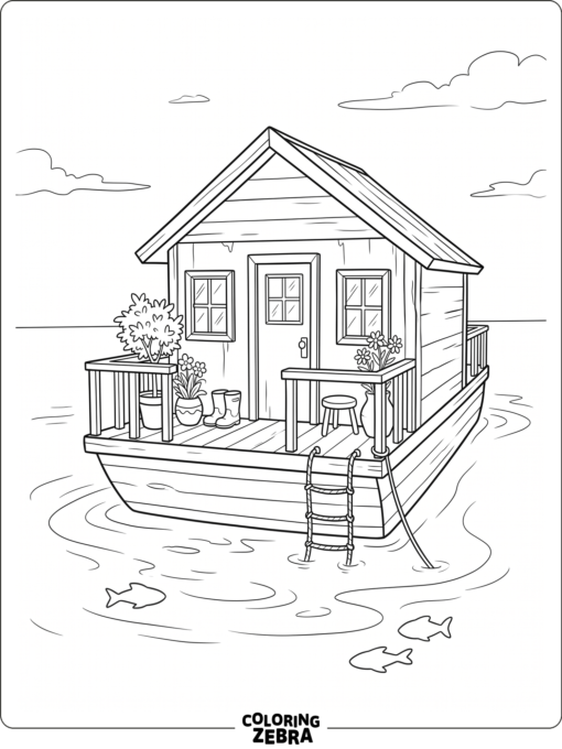 A houseboat with a small porch and potted plants by the water