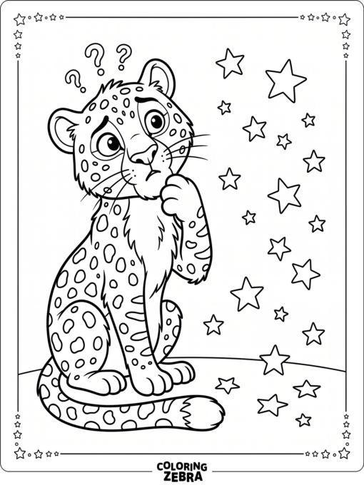 A storybook leopard with stars around it and a curious expression