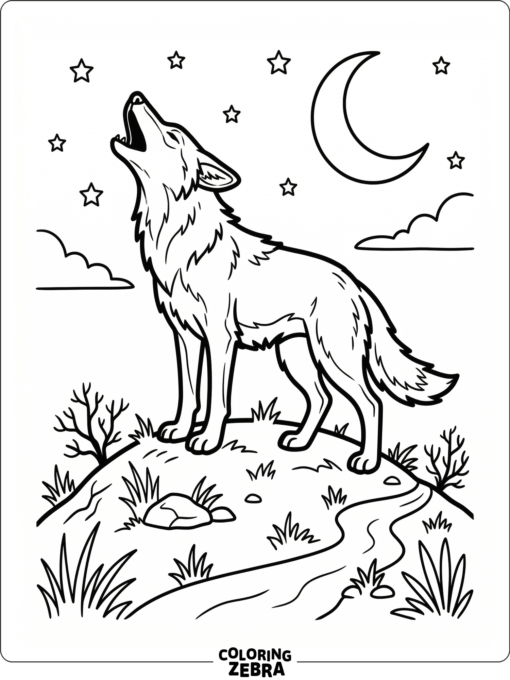 A coyote howling on a hill under the moon
