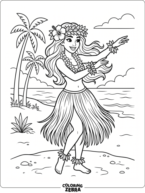 A hula dancer wearing a grass skirt and flower lei