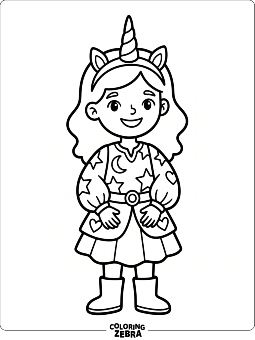 A human wearing a unicorn horn headband and fantasy outfit