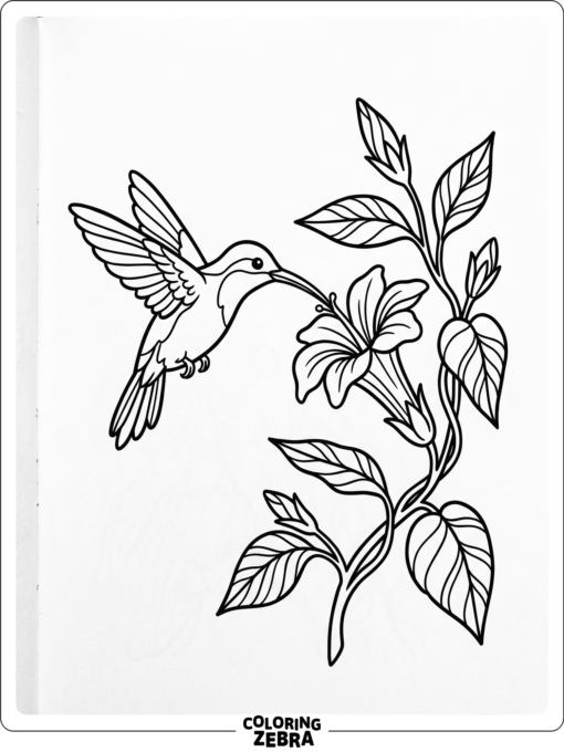 A hummingbird hovers near a flower