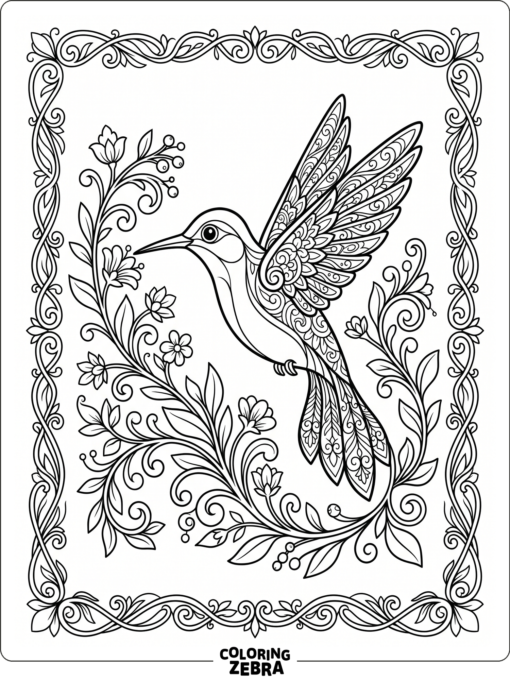 An elegant hummingbird with decorative vines