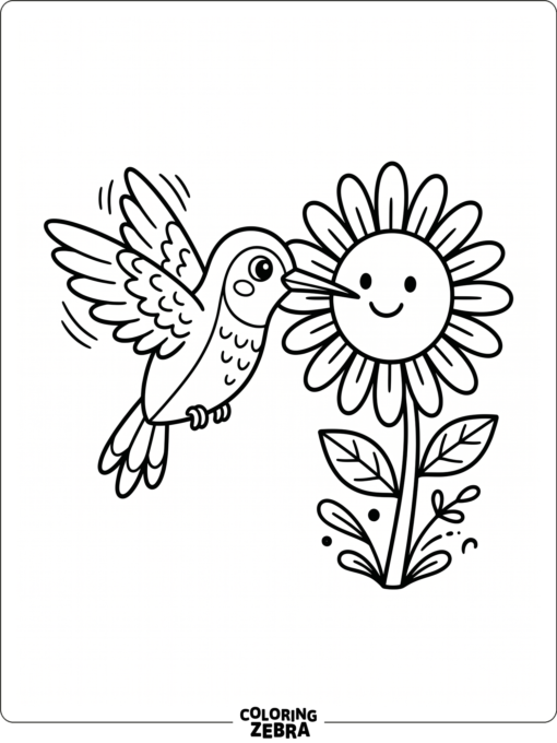 A friendly hummingbird beside a sunburst flower