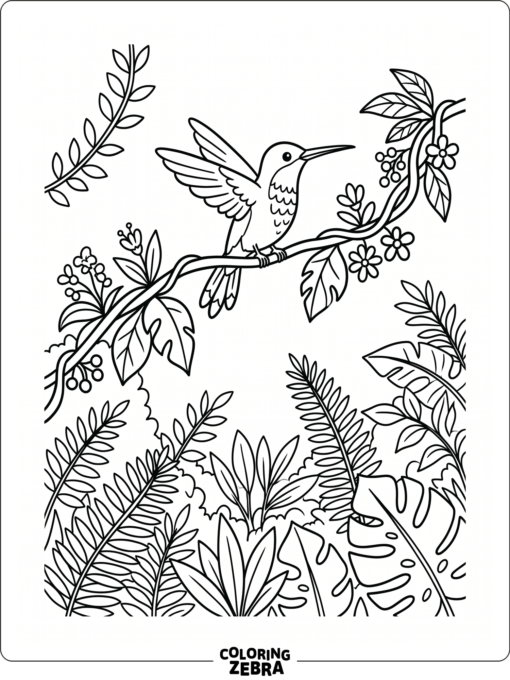 A hummingbird resting on a vine in the rainforest