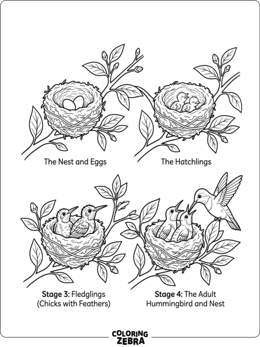 A hummingbird life cycle with eggs nest and chicks