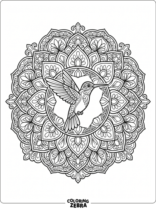 A hummingbird in a floral mandala