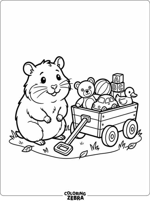 Humphrey the hamster beside a wagon of toys