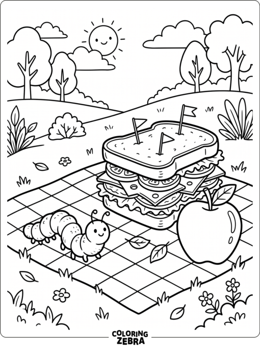 A caterpillar near a sandwich and apple