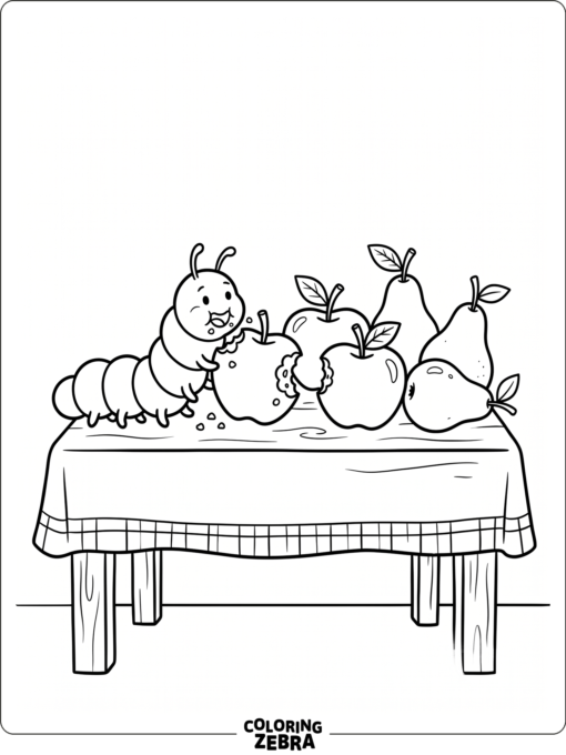A hungry caterpillar with fruit on a table