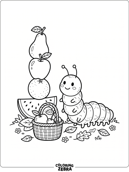 A hungry caterpillar near fruit and a basket