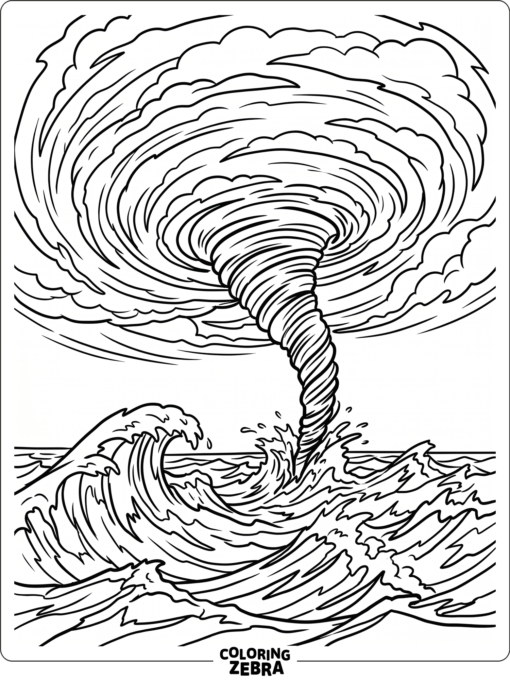 A hurricane and tornado swirling over ocean waves