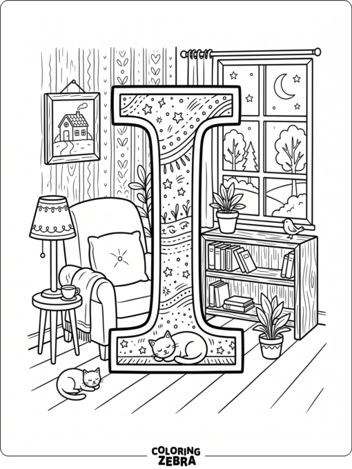 Una gran letra I dentro de una sencilla escena de una habitación