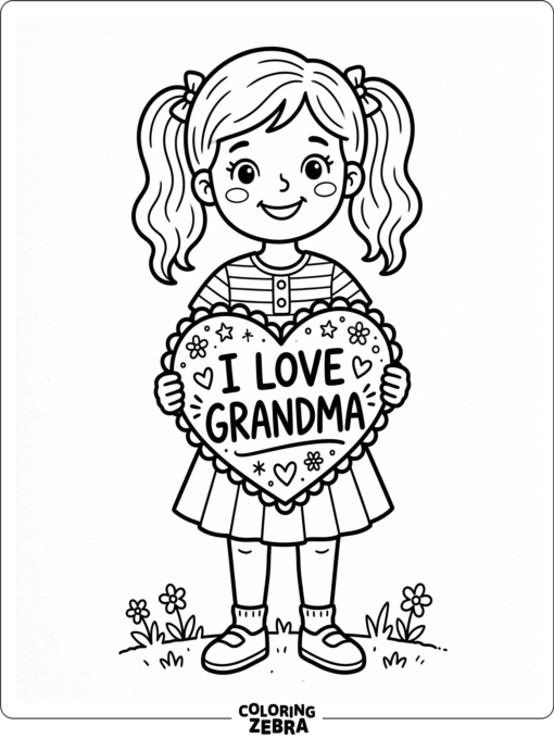 Girl holds a heart sign with a message for grandma