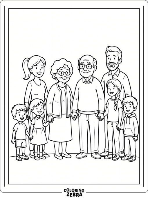 Family holds hands with grandparents in the center