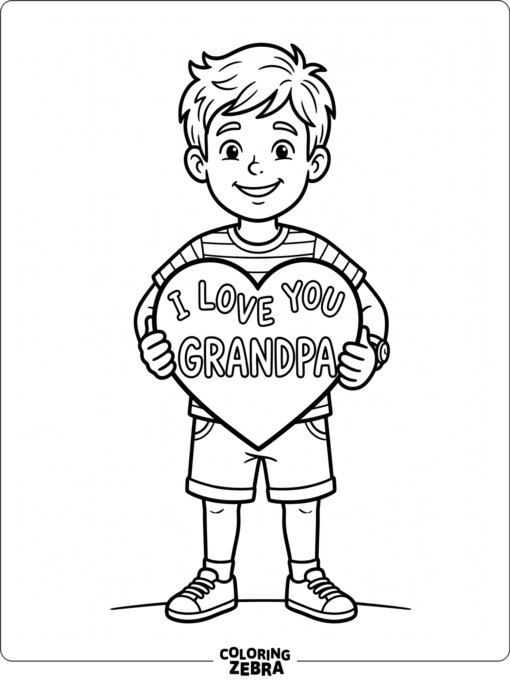 Boy holds a heart sign with a message for grandpa