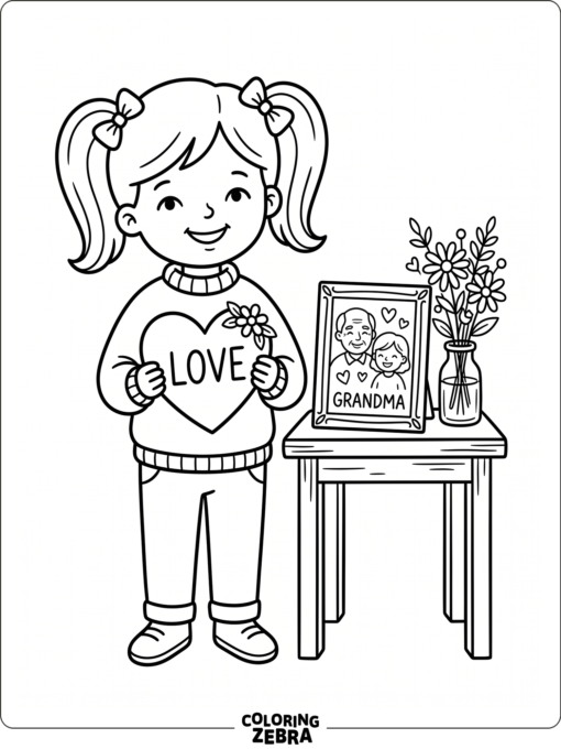A child holds a heart sign for grandma beside a framed photo