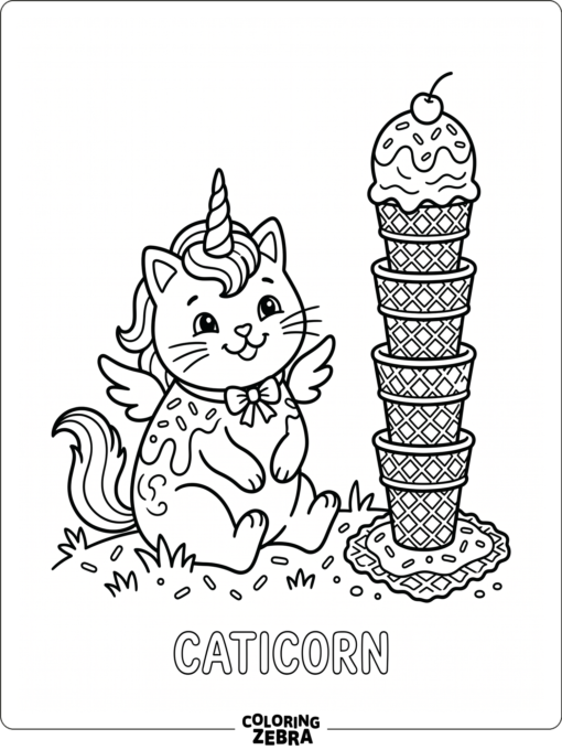 An ice cream caticorn beside a waffle cone tower
