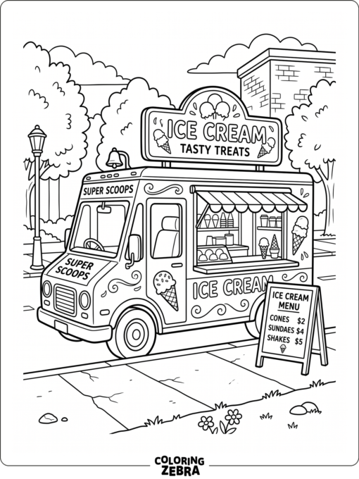 An ice cream truck parked by the sidewalk with a cone sign