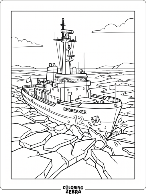 An icebreaker ship pushes through broken ice under a wide sky