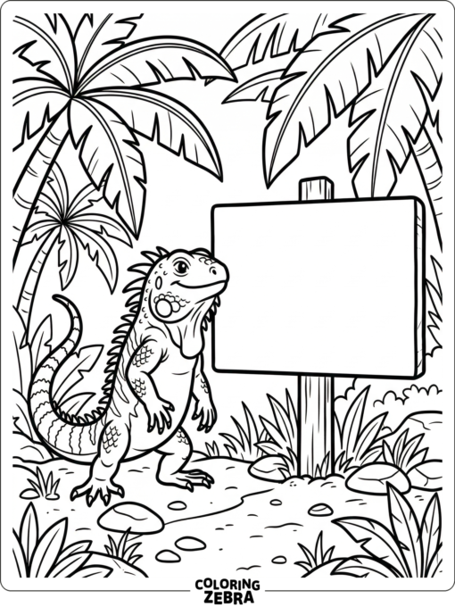An iguana beside a blank sign and palm fronds