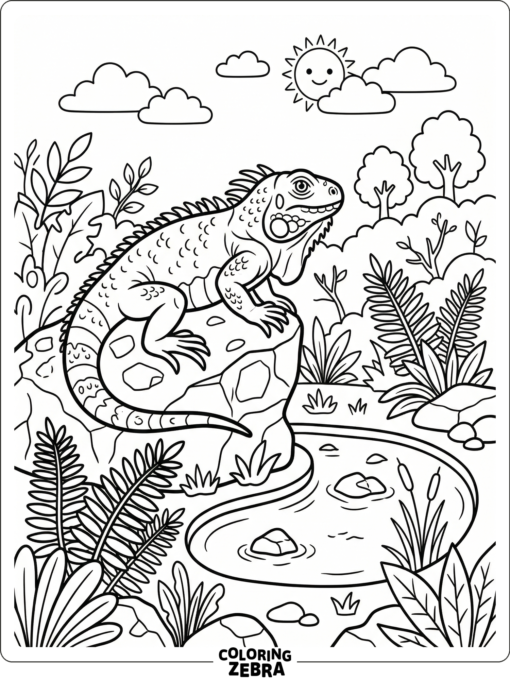 An iguana in a habitat with rocks and ferns