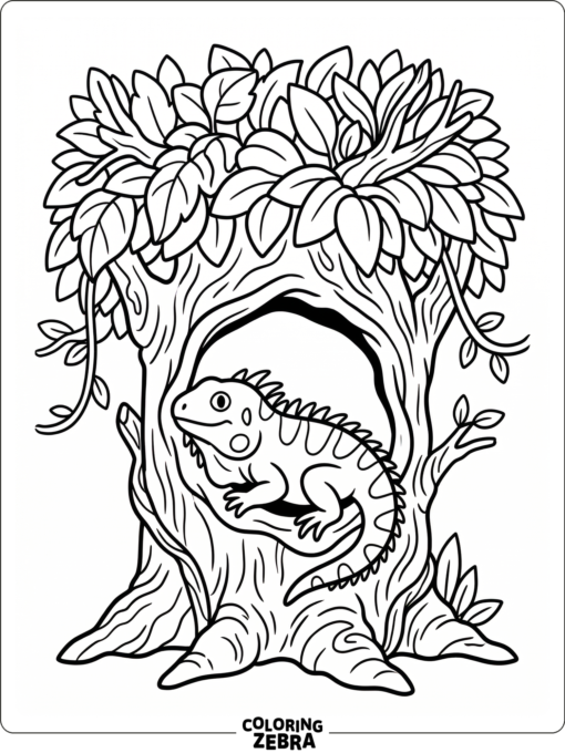 An iguana in a tree hollow with a leafy canopy above