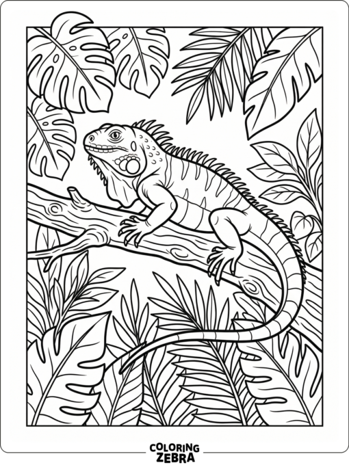 An iguana on a branch with broad tropical leaves