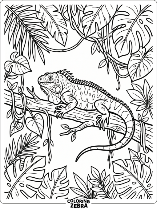 An iguana on a branch with hanging vines and broad leaves
