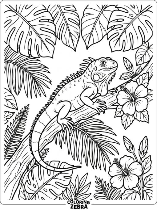 An iguana resting on a palm branch among hibiscus blooms