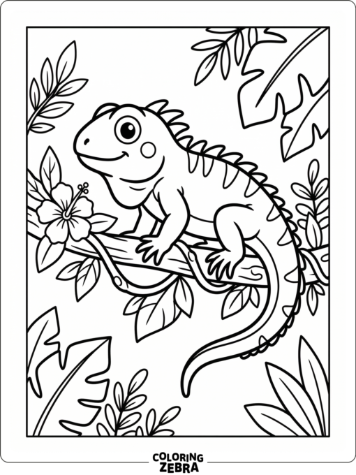 An iguana perched near vines and a small tropical flower