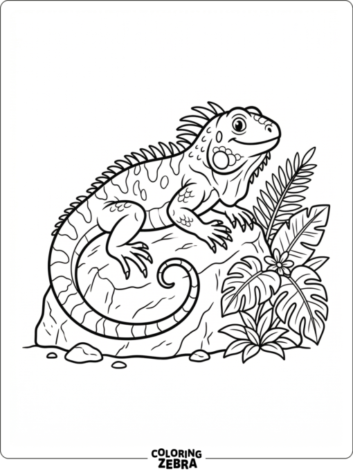 An iguana resting on a rock with its tail curled nearby