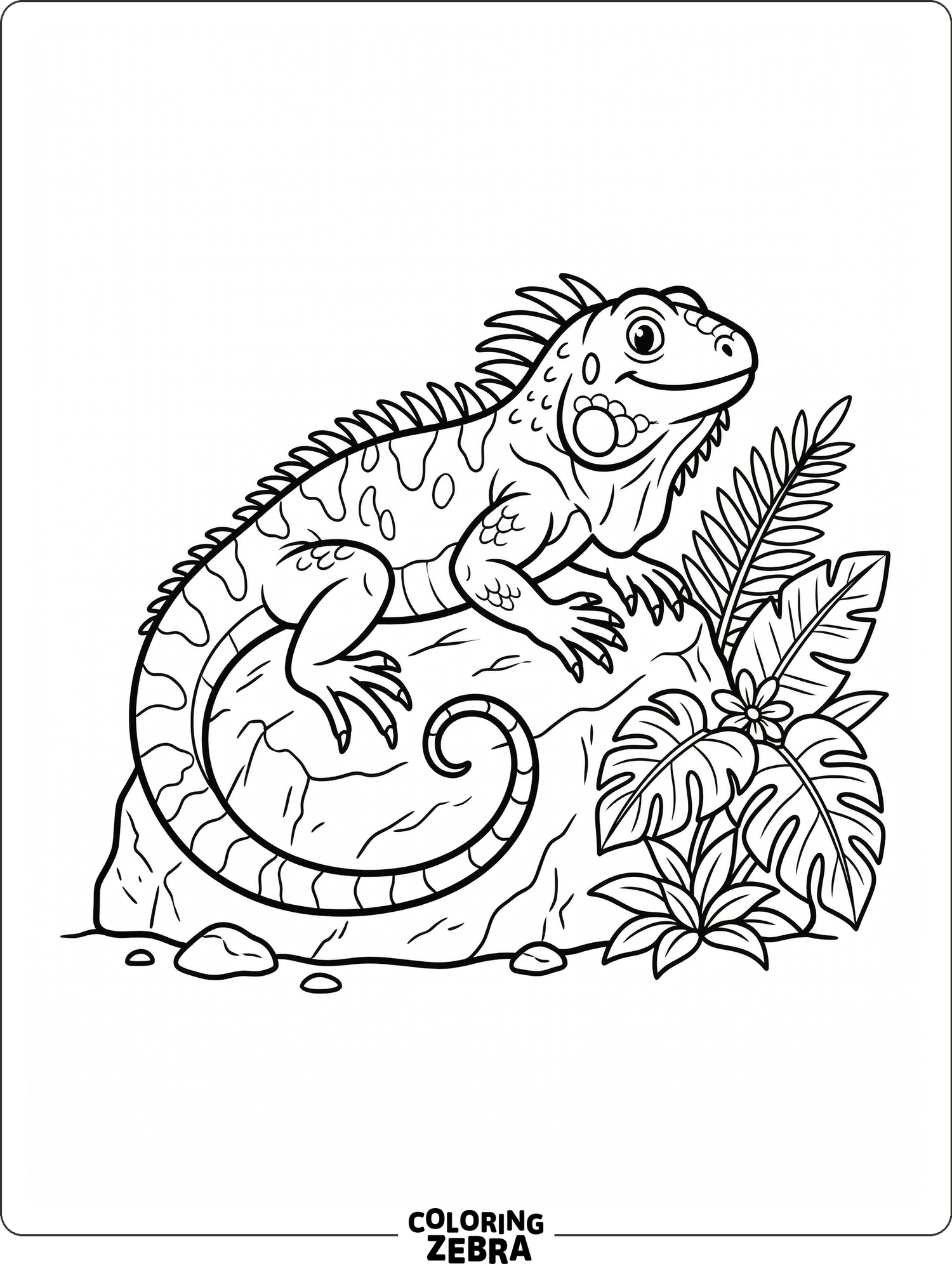 An iguana resting on a rock with its tail curled nearby