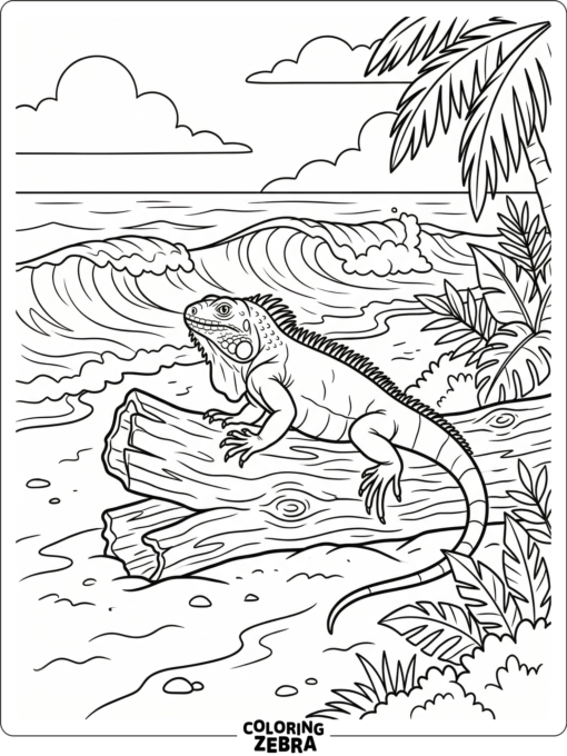 An iguana resting on a log near the beach