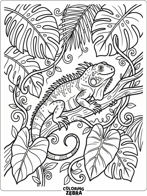 An iguana nestled among large tropical leaves