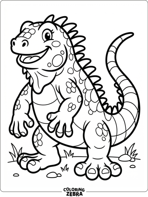 A cartoon iguana with a big smile and oversized toes