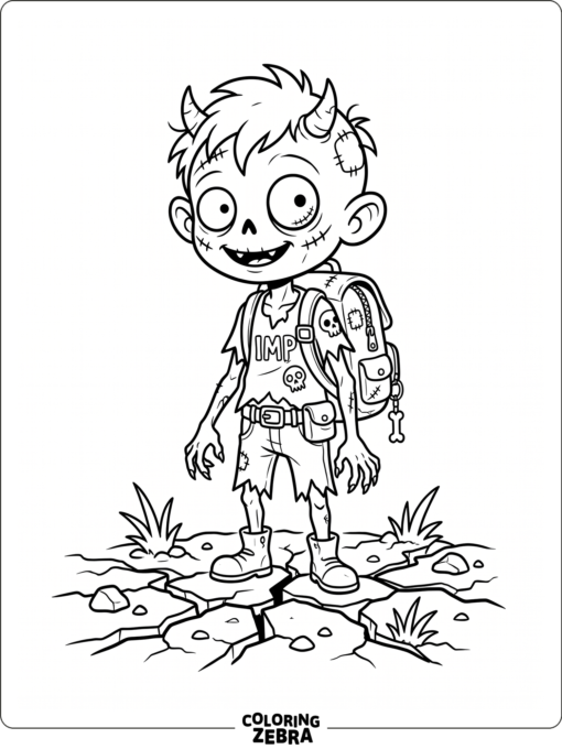 Imp zombie stands on cracked soil with a backpack