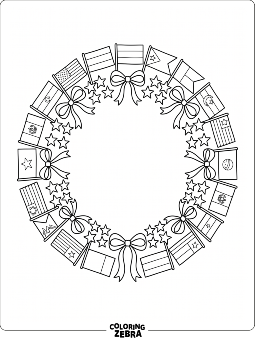 A wreath made of flags, stars, and ribbon bows