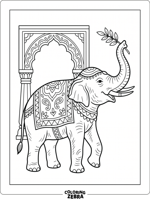 An Indian elephant with a patterned cloth and raised trunk