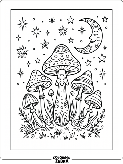 A stylized mushroom cluster with stars and a moon