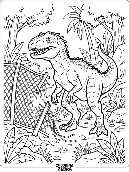 An indominus rex stands behind a broken fence