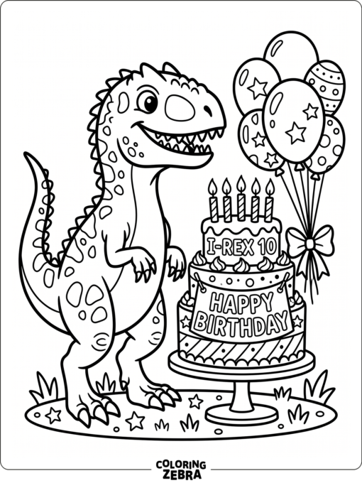 An indominus rex stands next to balloons and a birthday cake