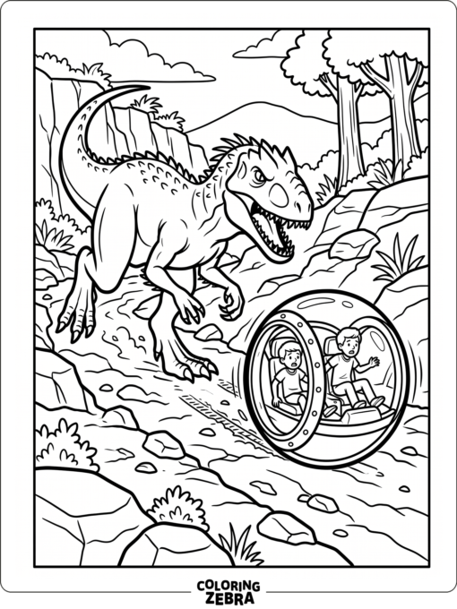 An indominus rex chases a gyrosphere across rocky ground