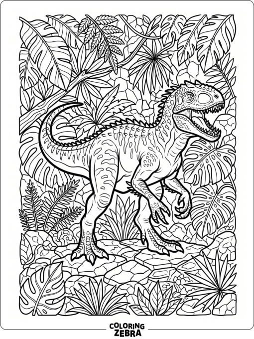 An indominus rex stands among leaves and stone shapes