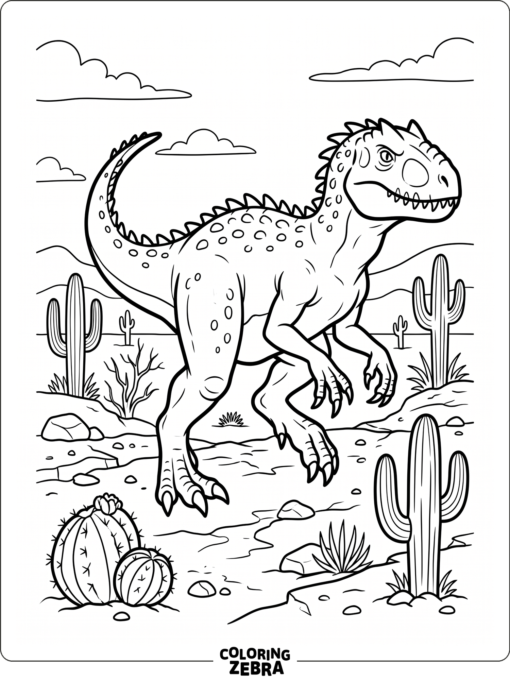 An indominus rex in a desert with cacti