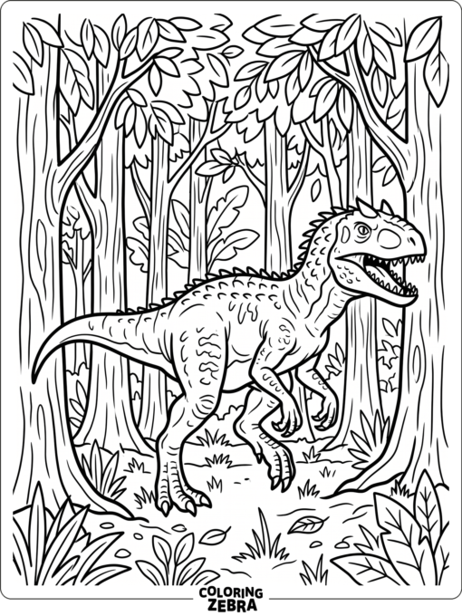 An indominus rex walking through a forest